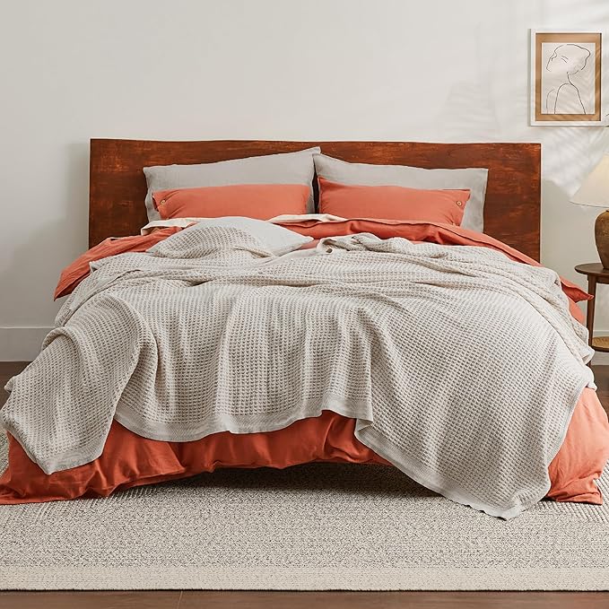 Bedsure 100% Cotton Blanket Queen Size for Bed - Breathable and Soft, Waffle Weave Blanket for Summer Spring, Khaki (a Little Bit Yellow), 90x90 Inches