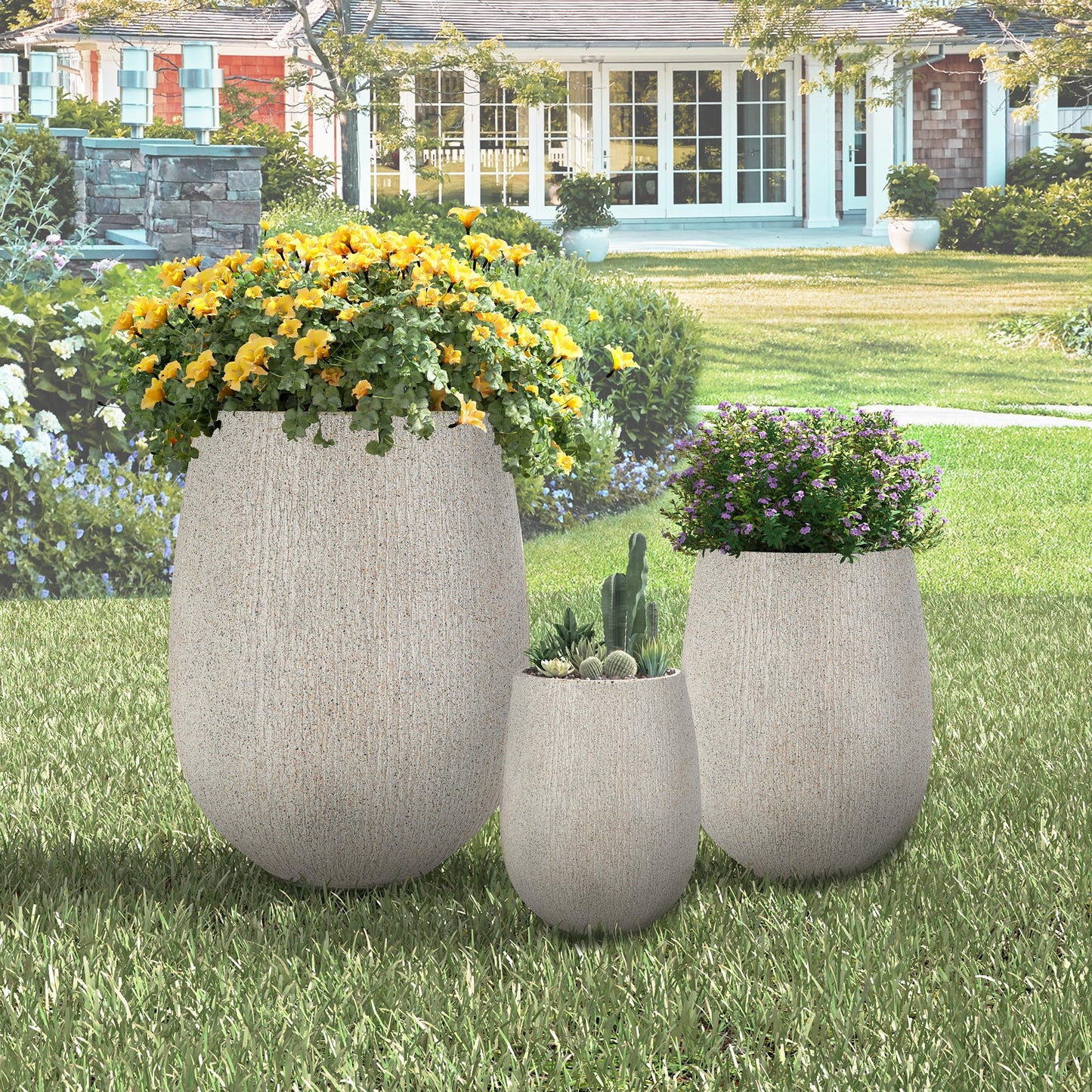 Ningering Egg-Shaped Outdoor Planter Set of 3,Modern Stone-Look Textured Flower Pots with Drainage Holes and Rubber Plug, Suitable for Patio, Garden, Poolside & Indoor (Gray)