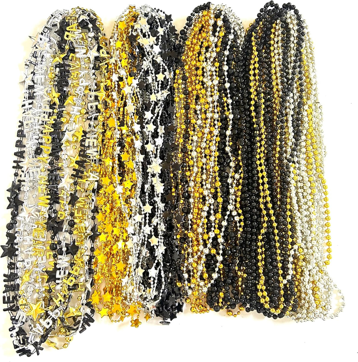 81 Pcs Happy New Year Beads Necklaces - Black, Gold, Silver - New Year Eve Bulk Accessories & Decorations