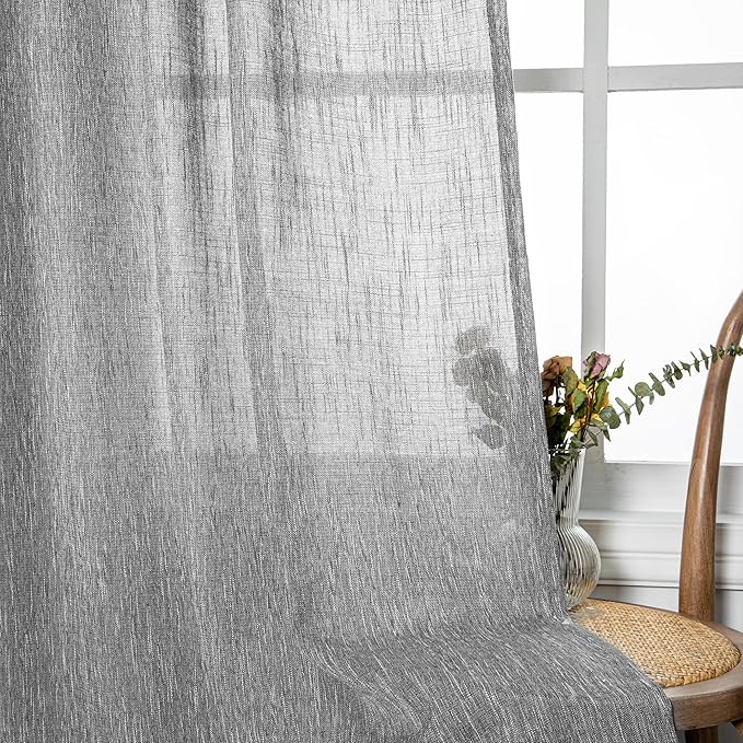 MYSKY HOME Sheer Curtains for Bedroom, Kitchen Curtain Panels Cotton Polyester Blend Fabric Linen Look Texture Light Filtering Privacy Drapes, Farmhouse Home Decor, 50" x 63", Dark Grey, 2 Pieces