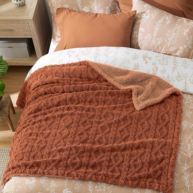 Bedsure Sherpa Fleece Blanket Twin Size for Bed - GentleSoft Fluffy & Cozy Cable Jacquard Tufted for Women Gift, Thick and Warm Blankets for Winter, Orange, 60x80 Inches