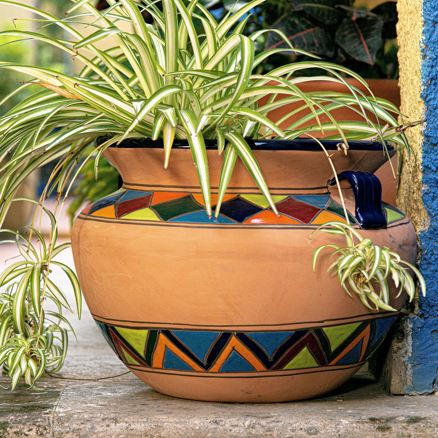 Evergreen Garden Talavera Mexican Pottery Ceramic Chata | Flower Pot Plant Succulent | Indoor Outdoor (14 in. Multicolor Striped)