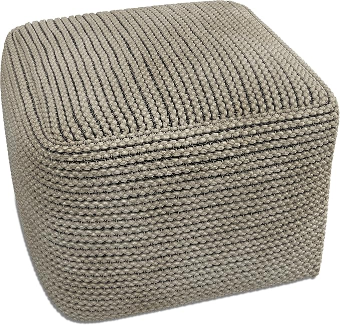 SIMPLIHOME Eastmont Square Pouf - 18 inch Wide Handwoven PET Polyester Ottoman in Cream, Boho Indoor/Outdoor Footstool or Extra Seating for Living Room, Bedroom, or Patio, Assembled