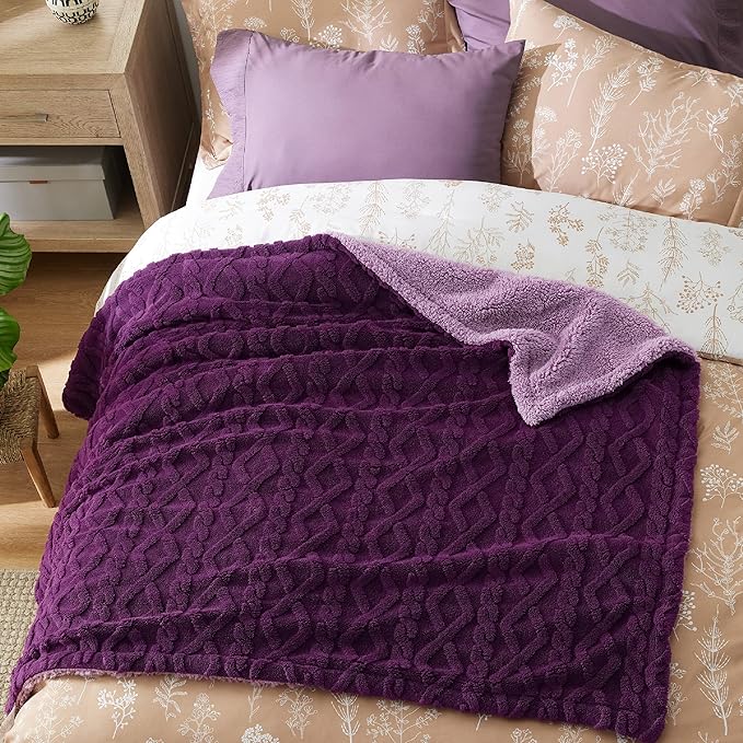 Bedsure Sherpa Fleece Blanket Twin Size for Bed - GentleSoft Fluffy & Cozy Cable Jacquard Tufted for Women Gift, Thick and Warm Blankets for Winter, Purple, 60x80 Inches