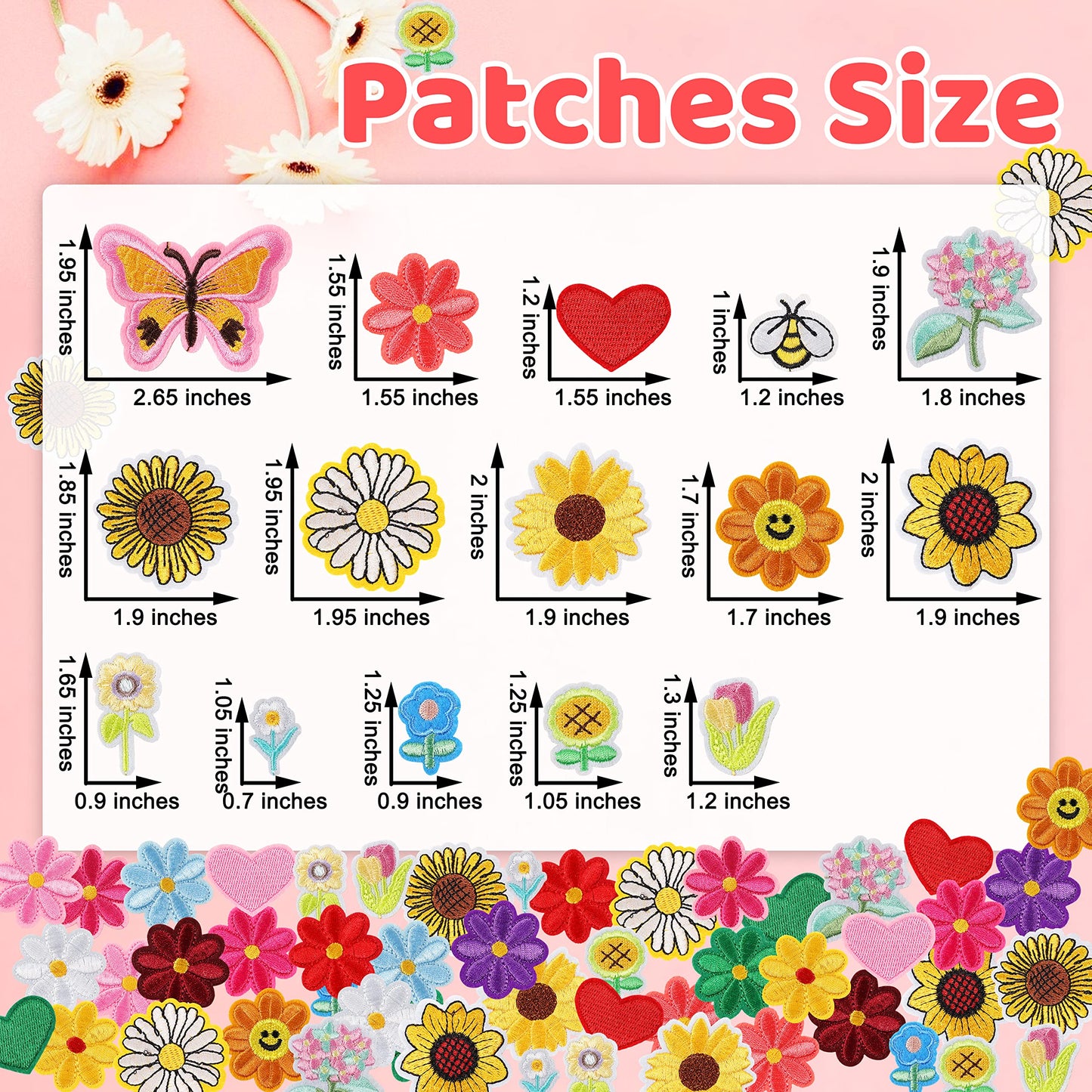 NICEVINYL Random Iron on Patches for Clothing: 120PCS Flower Heart Patch Iron on Cute Butterfly Embroidered Sew Applique Repair Patches for Jeans Jackets Backpacks