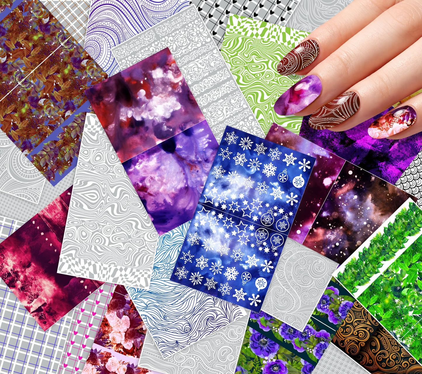 30 Sheets Nail Stickers Collection ~ Cosmic Abstract Patterns ~ Galaxy Textures Watercolor Clouds Leaves Snowflakes and Graphic Elements in Vibrant Modern Style Creating Bold Manicure Decals