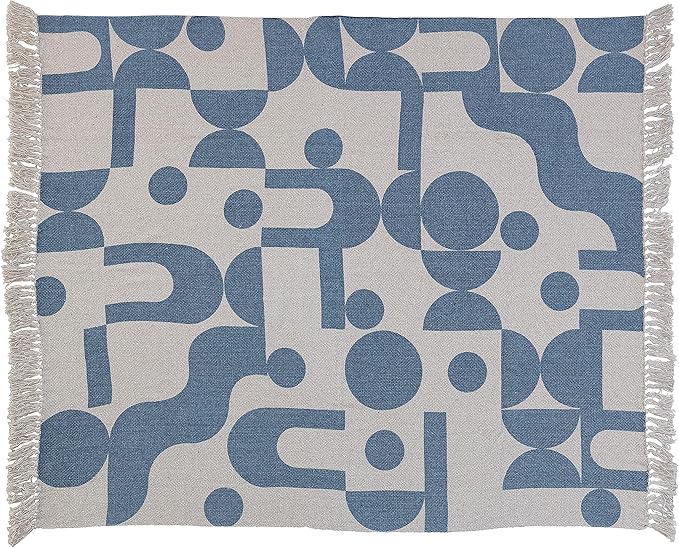 Bloomingville Woven Reclaimed Cotton Blend Printed Sheet with Abstract Design and Fringe, Blue and Beige Throw Blanket