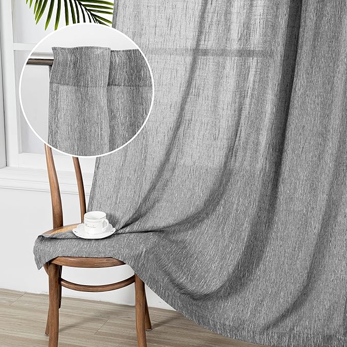 MYSKY HOME Sheer Curtains for Bedroom, Kitchen Curtain Panels Cotton Polyester Blend Fabric Linen Look Texture Light Filtering Privacy Drapes, Farmhouse Home Decor, 50" x 63", Dark Grey, 2 Pieces