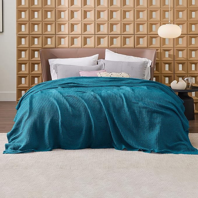 Bedsure 100% Cotton Blanket Twin XL Size for Bed - Breathable and Soft, Waffle Weave Blanket for Summer Spring, Teal, 66x90 inches