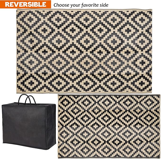 SAND MINE Waterproof Outdoor Rug 5x8 ft, Plastic Reversible Rug, Modern Area Rug, Large Floor Mat for Outdoors, RV, Patio, Backyard, Deck, Picnic, Beach, Camping, Black & Beige