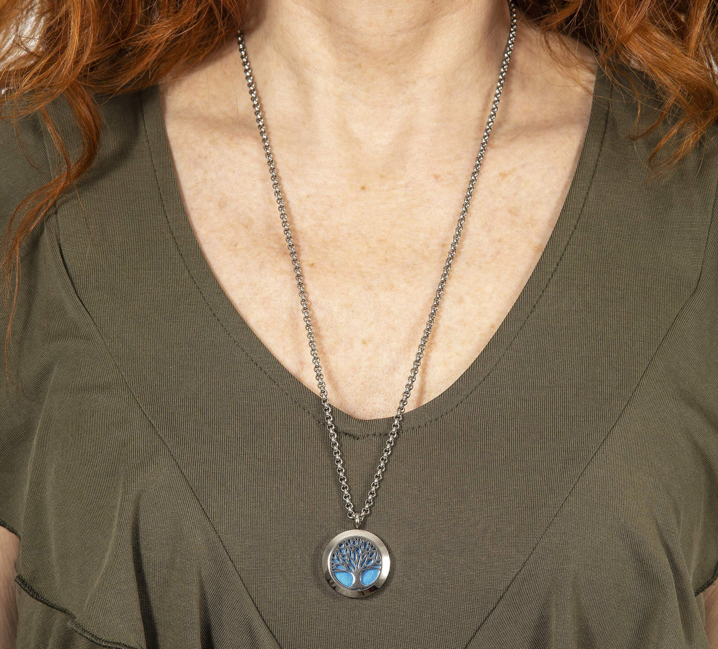 Wild Essentials Tree of Life Essential Oil Diffuser Necklace, Stainless Steel Locket Pendant with 24 inch Chain, 12 Color Refill Pads, Customizable Color Changing Perfume Jewelry for Aromatherapy
