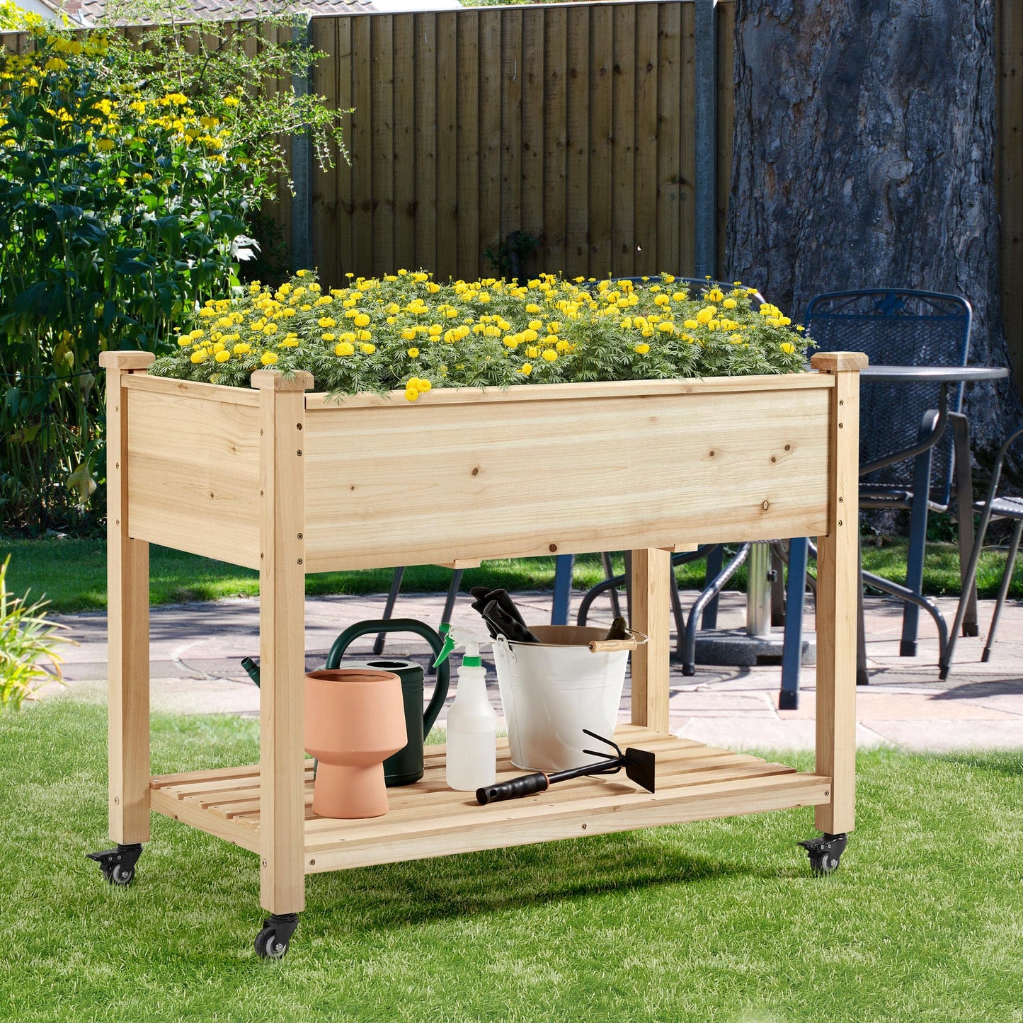 Yaheetech 42x23x33in Wooden Raised Garden Bed with Wheels Horticulture Flower Planter Boxes Elevated Vegetables Growing Bed for Grow Herbs and Vegetables