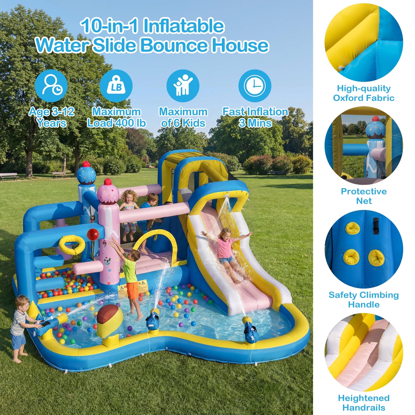 TOAOB Inflatable Water Slide for Kids 3-12: Blow Up Bounce House Backyard Water Park with 480W Blower- 10 in 1 with Pool for Outdoor Birthday Party