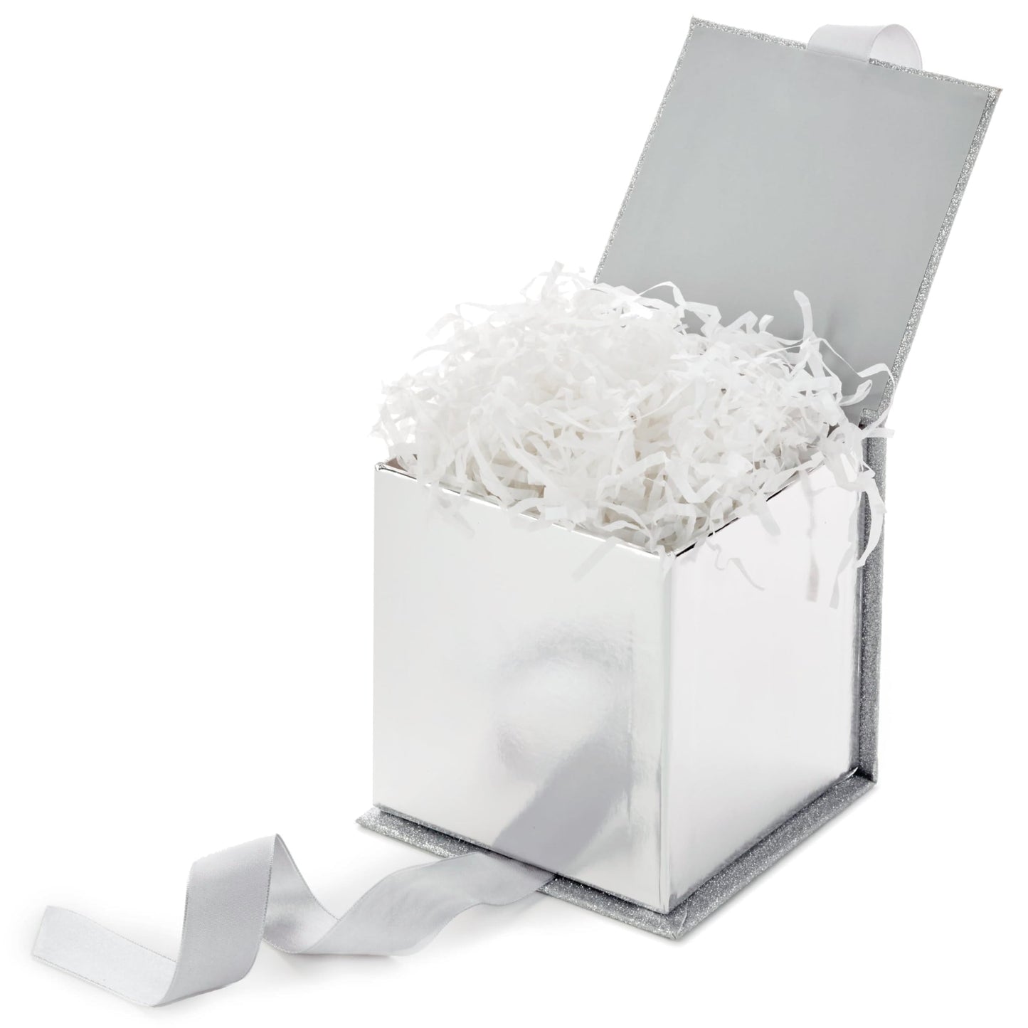 Hallmark Small Gift Box with Bow and Shredded Paper Fill (Silver Signature 4 inch Gift Box with Glitter) for Weddings, Graduations, Bridal Showers, Anniversaries, All Occasion