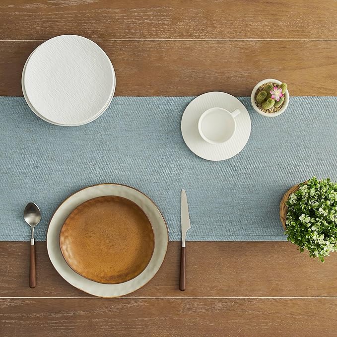 ZeeMart Linen Blend Table Runner, Blue 13x48 Inch, Farmhouse Burlap Linen Style Rustic Blue Table Runners 48 Inches Long