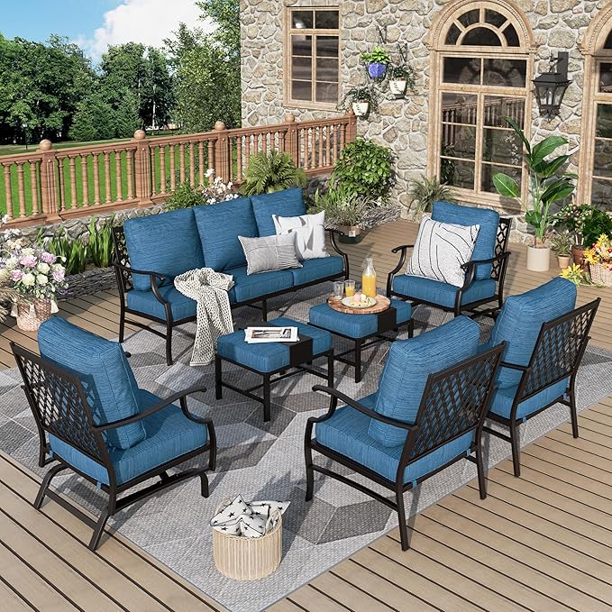 Patio Furniture Set 7 pcs, Outdoor Patio Furniture, 3-Seat Sofa, 2 Single Chairs, 2 Rocking Chairs, 2 Ottomans and 5.75" Extra Thick Cushion, Conversation Set for Deck,Gemstone Blue