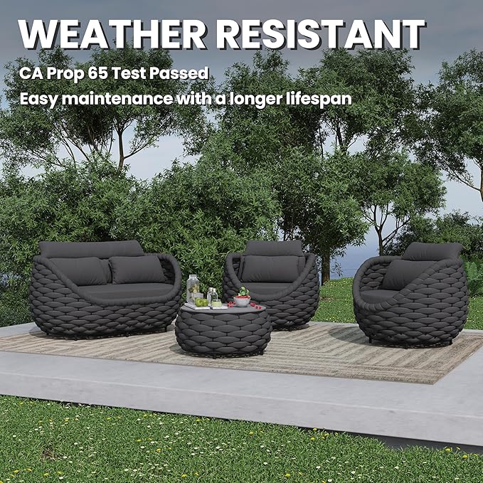 Rope Outdoor Patio Furniture Set: 6 Pieces Aluminum Porch Conversation Sofa Set - Modern Woven Deck Couch Set Cushioned - No Assembly All Weather for 660lbs Yard Garden Lanai Hotel, Dark Gray