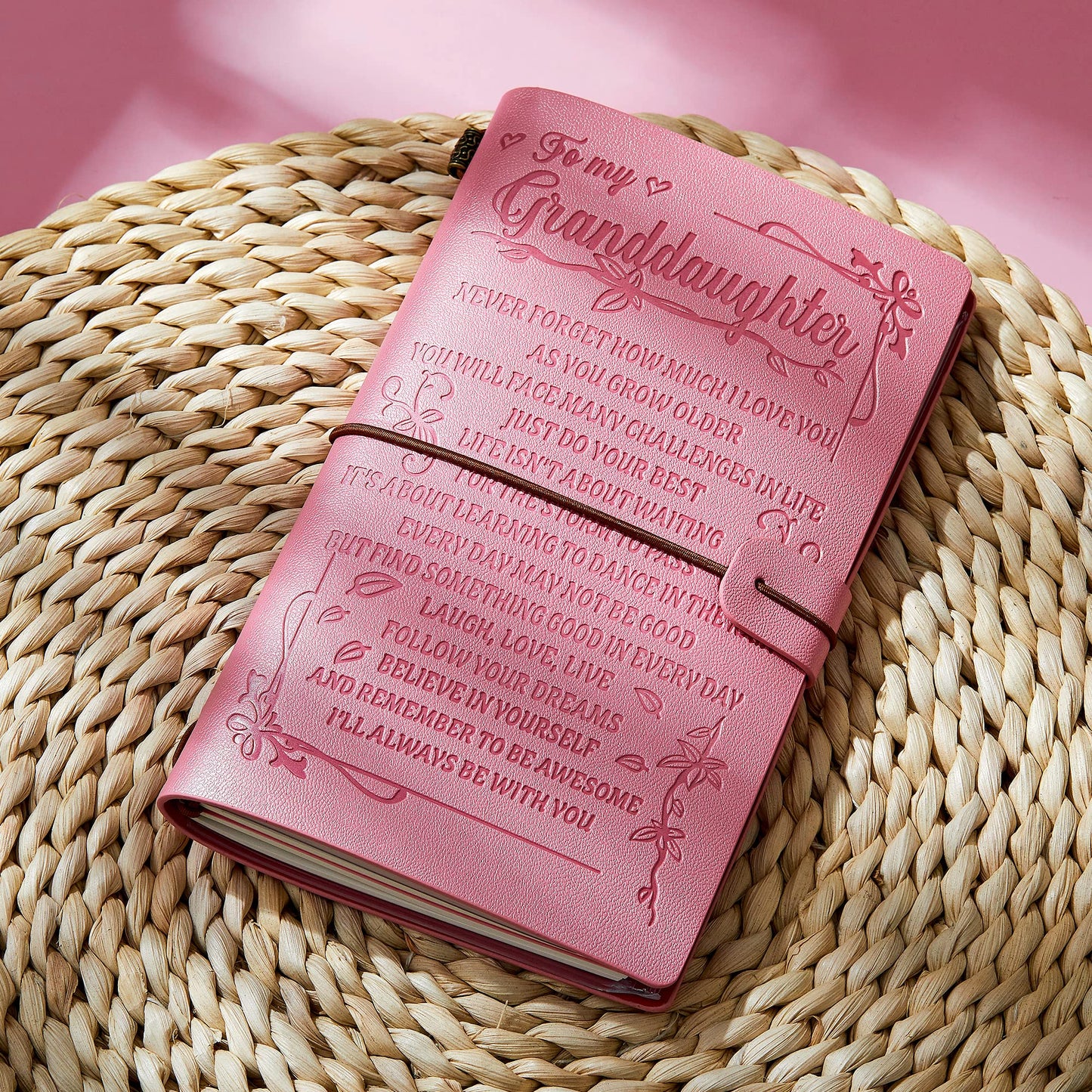 To My Granddaughter’s Gift Pink Leather Journal+Heart Diamond Pen Set ,Engraved Notebook Writing Journal,Refillable Notepads,Travel Diary Graduation Back to School,Christmas,Birthday Gifts for