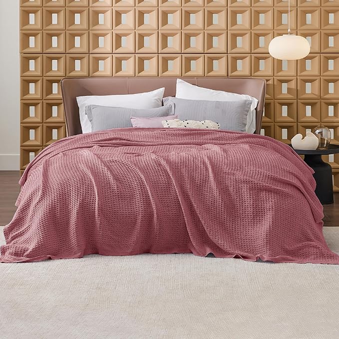 Bedsure 100% Cotton Blanket King Size for Bed - Breathable and Soft, Waffle Weave Blanket for Summer Spring, Dusty Rose, 104x90 inches