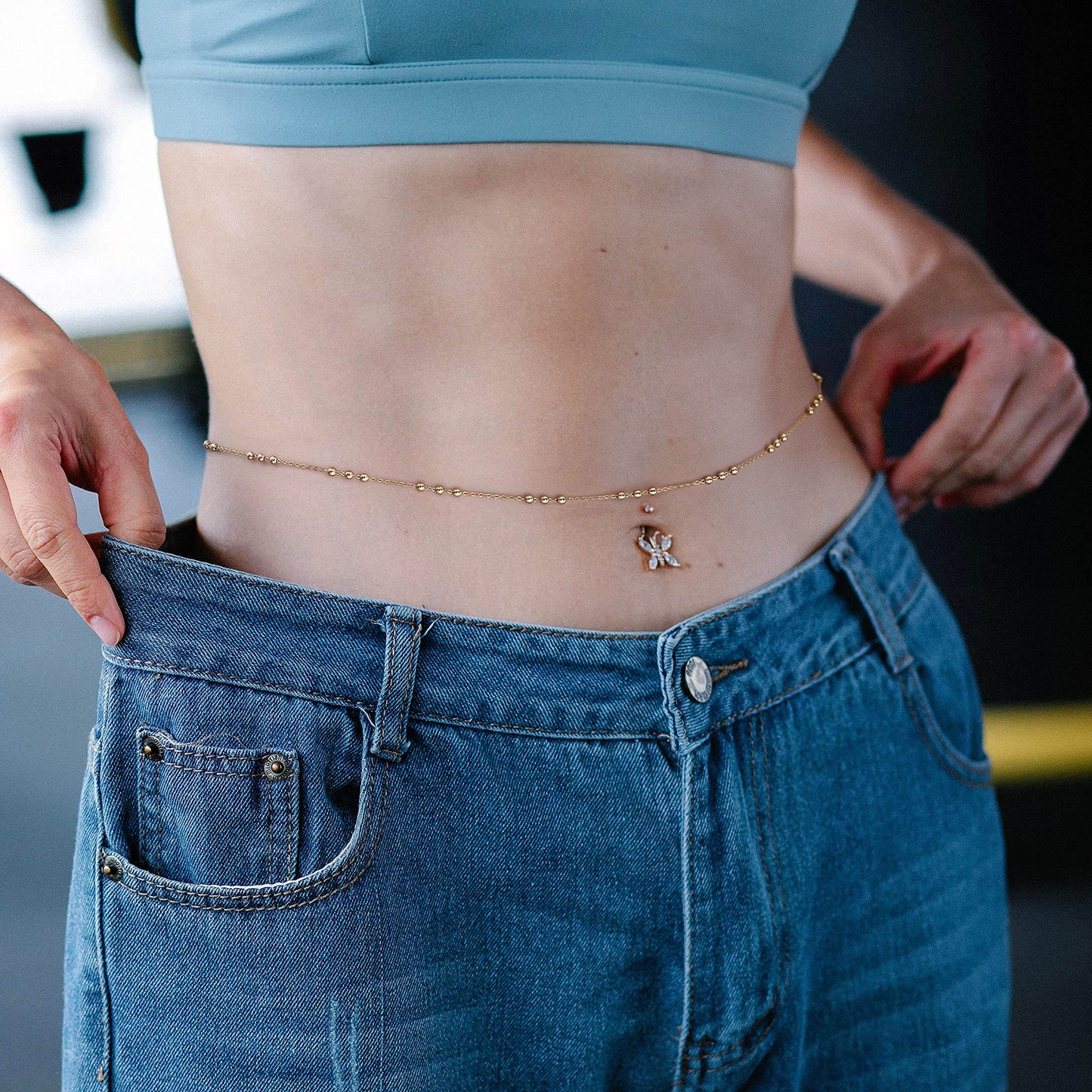 PEARLADA 18k Gold Plated Waist Chain Belt for Women, Adjustable Waist Beads Beach Bikini Belly Chain