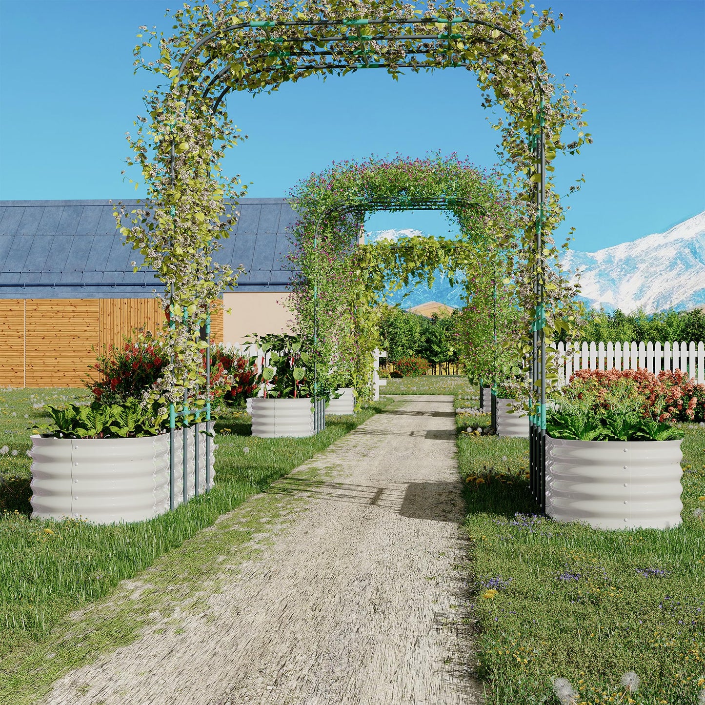 GarveeHome Expandable Arch Trellis Raised Bed Kit – 95” Metal Garden System with Vertical Netting, Plant Ties, and Drainage Design for Vegetables, Flowers, and Vines (Rust-Proof Beige)