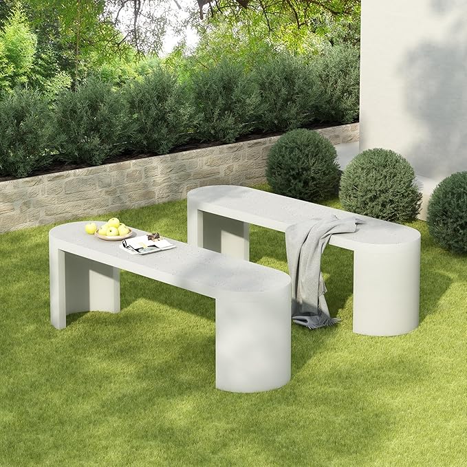 Christopher Knight Home Vex Set of 2 Concrete Outdoor Bench with Modern White Terrazzo Effect, Outdoor Dining Chairs, Oval Garden Bench with Pedestal Base, Extra Seating for Patio/Balcony, White