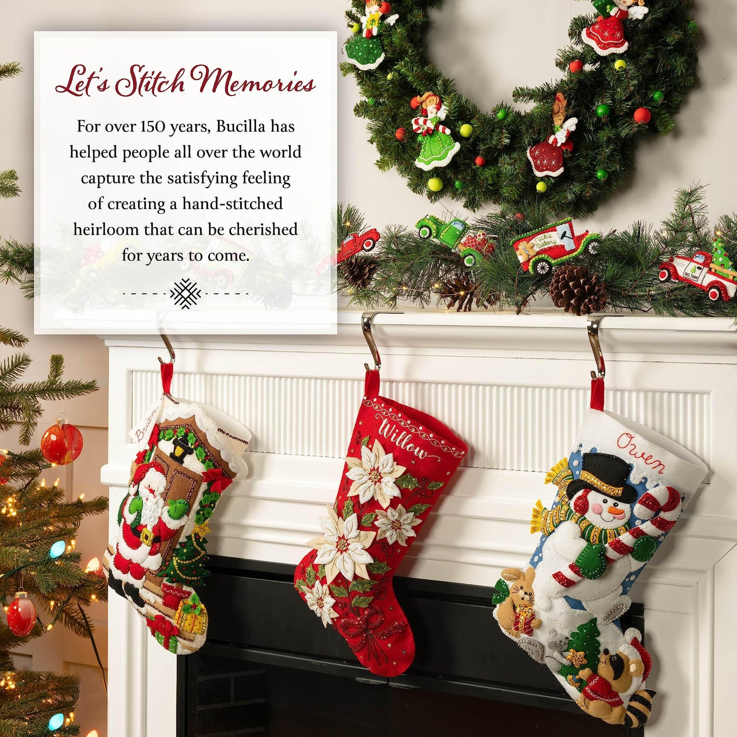 Bucilla Felt Applique 18" Stocking Making Kit, White Poinsettia Santa, Perfect for DIY Arts and Crafts, 89602E