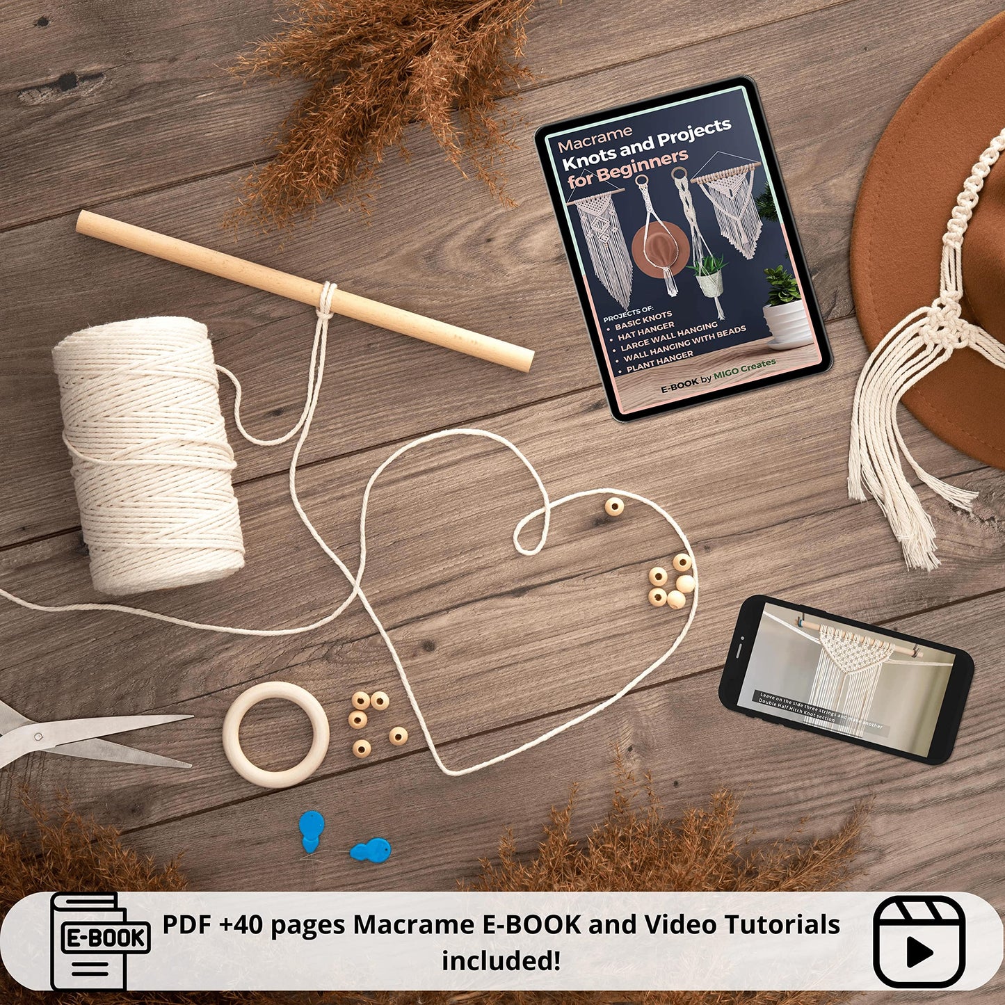 MIGO Creates DIY Macrame Kit for Beginners with 9 Macrame Projects Ebook, 115 Pcs Macrame Supplies & 220yd Cotton Yarn | Create Unique Bohemian Decor Craft Projects! Perfect DIY Crafts for Adults!