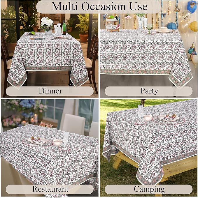 Ridhi Hand Block Print Coral Pink Rectangle Cotton Tablecloth 108" x 60" Reusable Table Cover Decorative Everyday Use for Dining, Farmhouse, Home Gift for Spring, Easter, Valentine