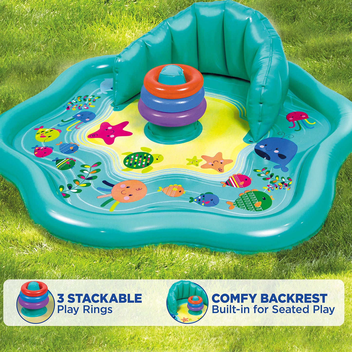 SwimSchool Baby Splash Play Mat with Adjustable Canopy – Inflatable Play Pool for Babies & Infants with Backrest – Includes Baby Water Toy Rings