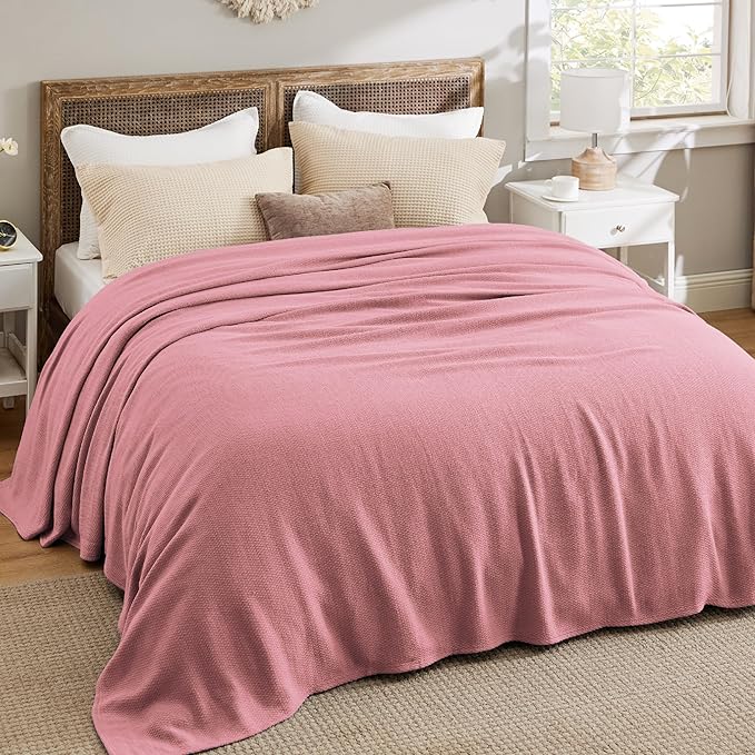 Bedsure 100% Cotton Blanket King Size for Bed - Breathable and Lightweight, Soft Cozy Textured Herringbone Woven Blanket for Summer Spring, Pink, 108x90 inches