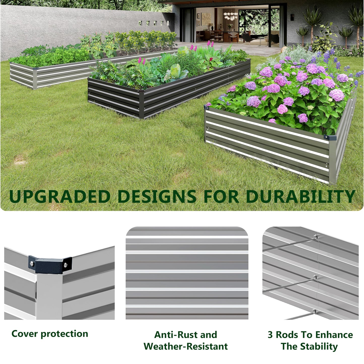 Henshwon 2PCS 10x3x1ft Galvanized Raised Garden Bed Kit,Metal Planter Box for Vegetables,Flowers,Herbs Durable Rust-Resistant Patio Gardening Beds,Silver