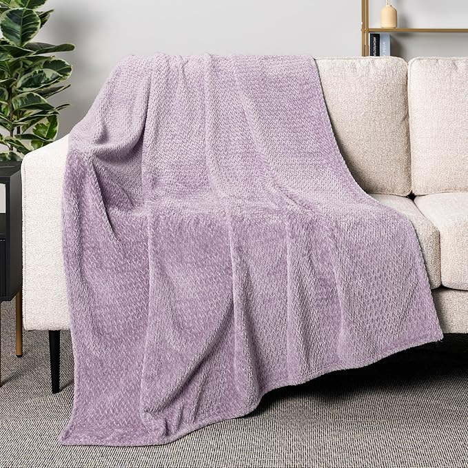 PAVILIA Soft Fleece Lavender Lilac Throw Blanket for Couch, Lightweight Plush Warm Blankets for Bed, Fuzzy Cozy Flannel Blanket Throw for Sofa, Travel, Jacquard Pattern, Light Purple, Twin, 60x80 inch