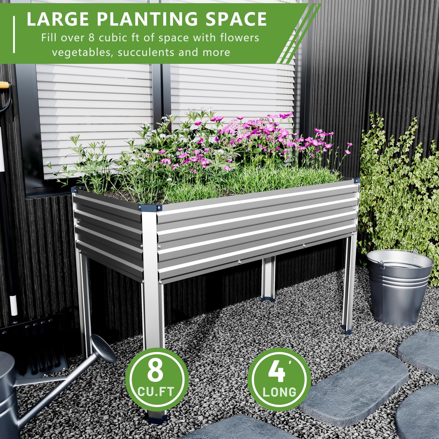 Easllre 2PCS 48×24×30in Galvanized Raised Garden Bed,Metal Elevated Planter Box with Legs for Patio,Balcony,Backyard,300lb Capacity,Silver