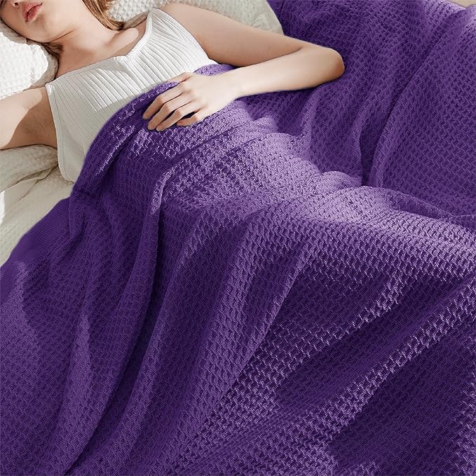 Bedsure 100% Cotton Blanket Twin XL Size for Bed - Breathable and Soft, Waffle Weave Blanket for Summer Spring, Purple, 66x90 inches