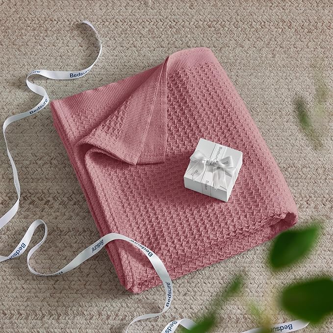 Bedsure 100% Cotton Blanket King Size for Bed - Breathable and Soft, Waffle Weave Blanket for Summer Spring, Dusty Rose, 104x90 inches