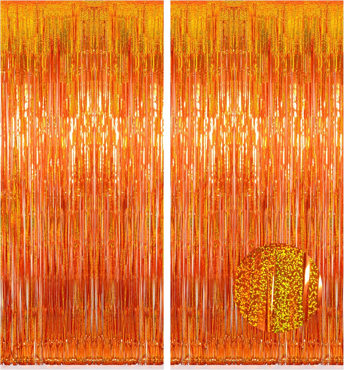 Melsan Orange Tinsel Backdrop Curtains, 3.2ft x 8.2ft Sparkle Metallic Foil Fringe Curtain for Basketball Thanksgiving Halloween Birthday Party Decorations, 2 Packs