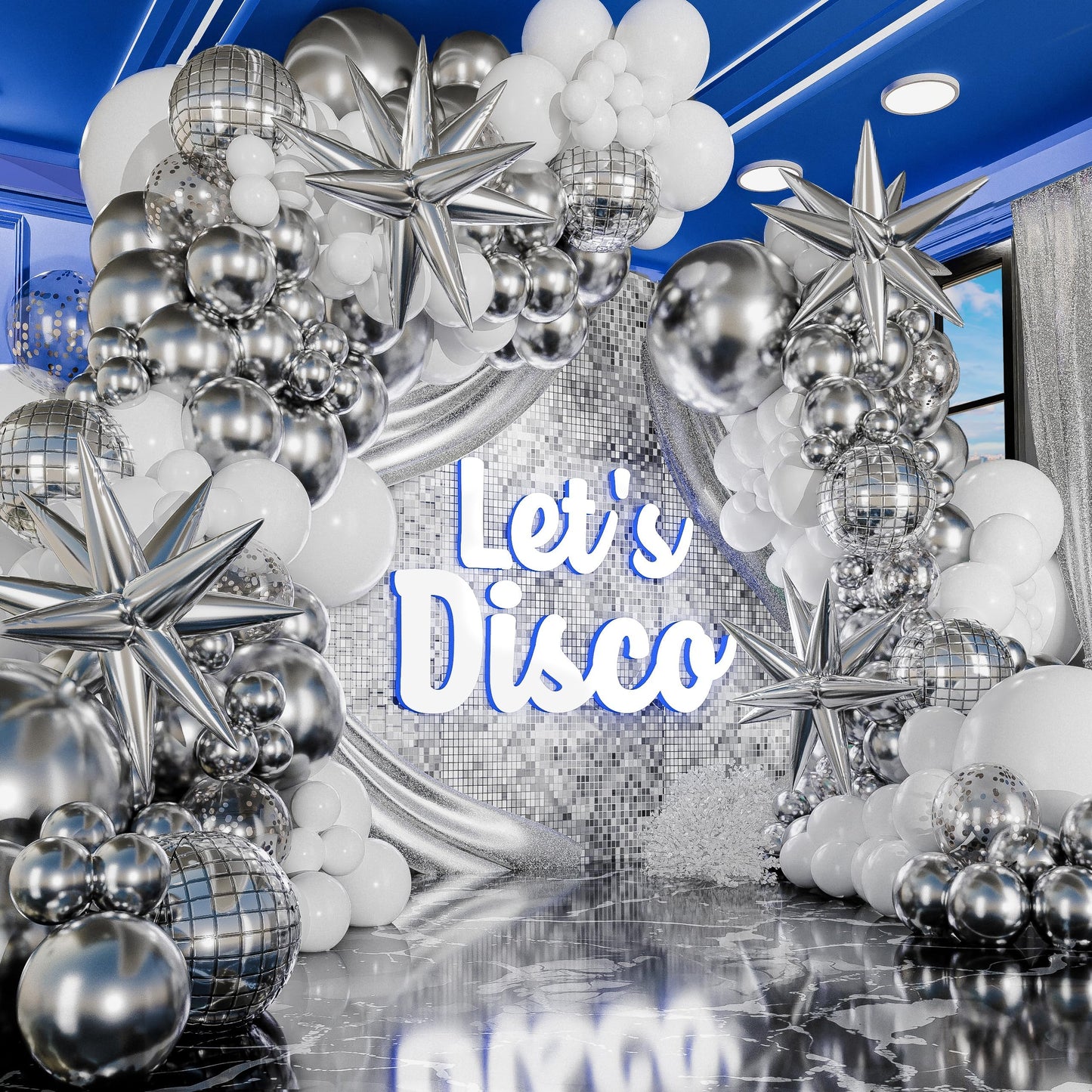 ALL-IN-1 Disco Balloon Arch Kit with BONUS Disco Ball Balloon for Party Decorations - Silver & White Balloons Garland for Disco Ball Party Decoration & Silver Party Decorations -Disco Balloons