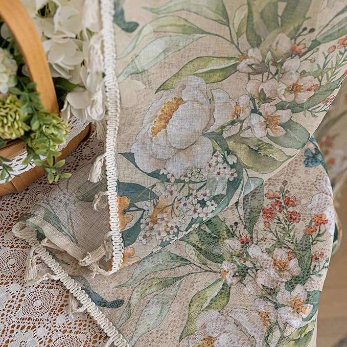 Floral Sheer Curtains 63 inch Long, Fringed Edges and Textured Semi Sheer Curtains Large Window Treatments for Living Room/Bedroom, 2 Panels