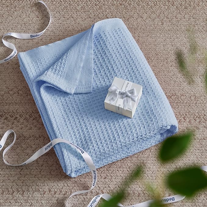 Bedsure 100% Cotton Blanket Queen Size for Bed - Breathable and Soft, Waffle Weave Blanket for Summer Spring, Sky Blue, 90x90 Inches