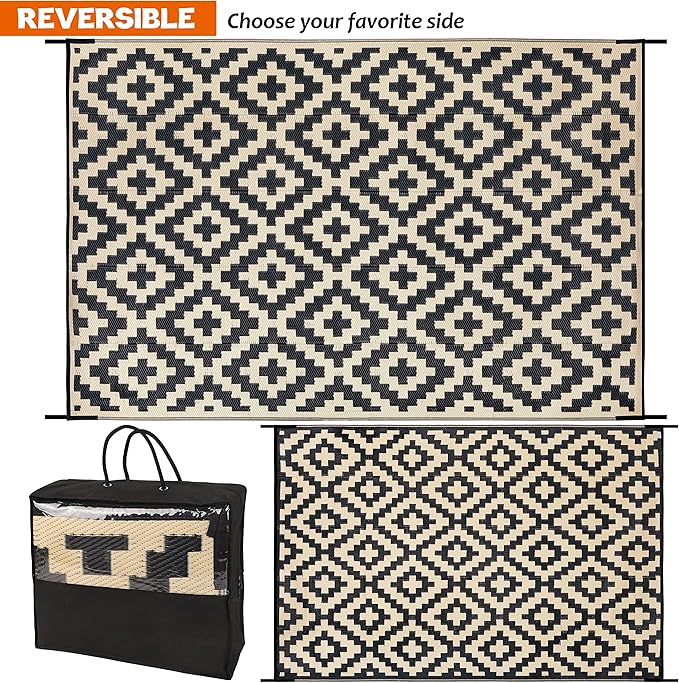 SAND MINE Reversible Mats, Plastic Straw Rug, Modern Area Rug, Large Floor Mat and Rug for Outdoors, RV, Patio, Backyard, Deck, Picnic, Beach, Trailer, Camping, Black & Beige, 6' x 9'