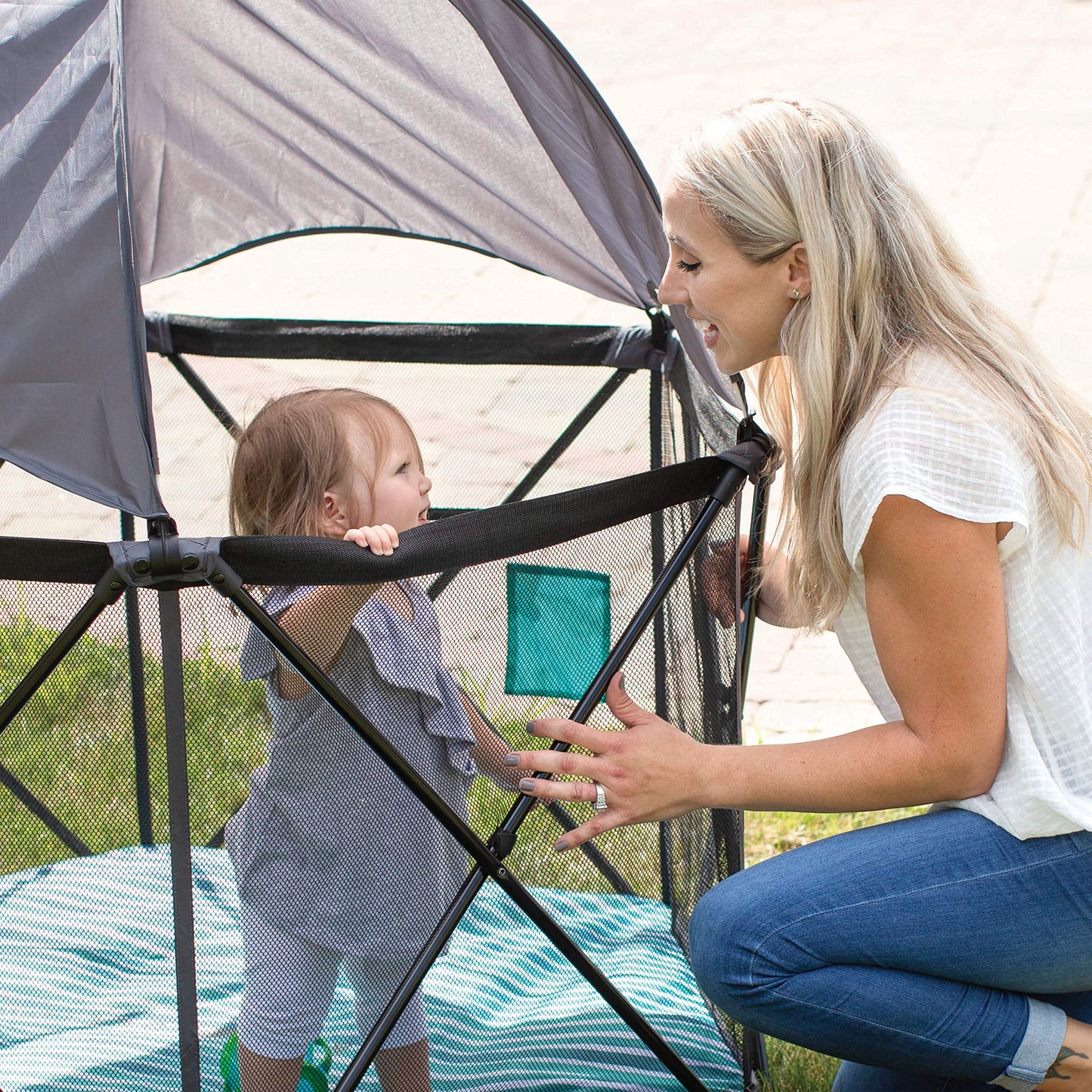 Baby Delight Go With Me Eclipse Mesh Portable Playard | Playpen | Sun Canopy | Indoor and Outdoor | Watercolor Stripe Base