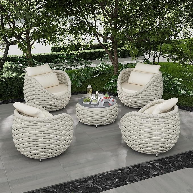 Woven Rope Patio Furniture Set: 5 Pieces Aluminum Outdoor Conversation Sofa Set All Weather - Cushioned Modern Deck Couch Set Assembled for 400lbs Front Porch Garden Lanai Sunroom Hotel, Beige