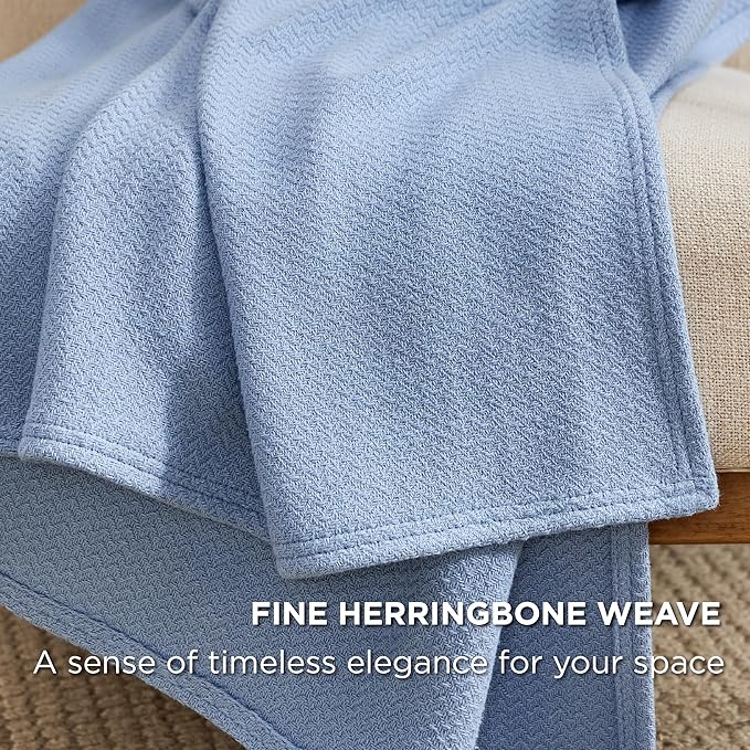 Bedsure 100% Cotton Blanket King Size for Bed - Breathable and Lightweight, Soft Cozy Textured Herringbone Woven Blanket for Summer Spring, Ashley Blue, 108x90 inches