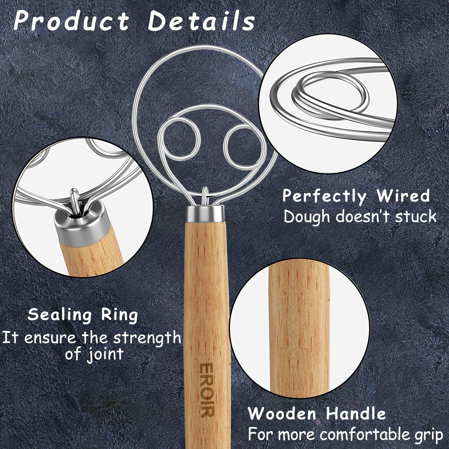 EROIR 13" Danish Dough Whisk Bread Lame Bowl Scraper Set - Dutch Sourdough Whisk Double Eye, Dough Scraper, Bread Scorer with 10 Blades and Leather Cover