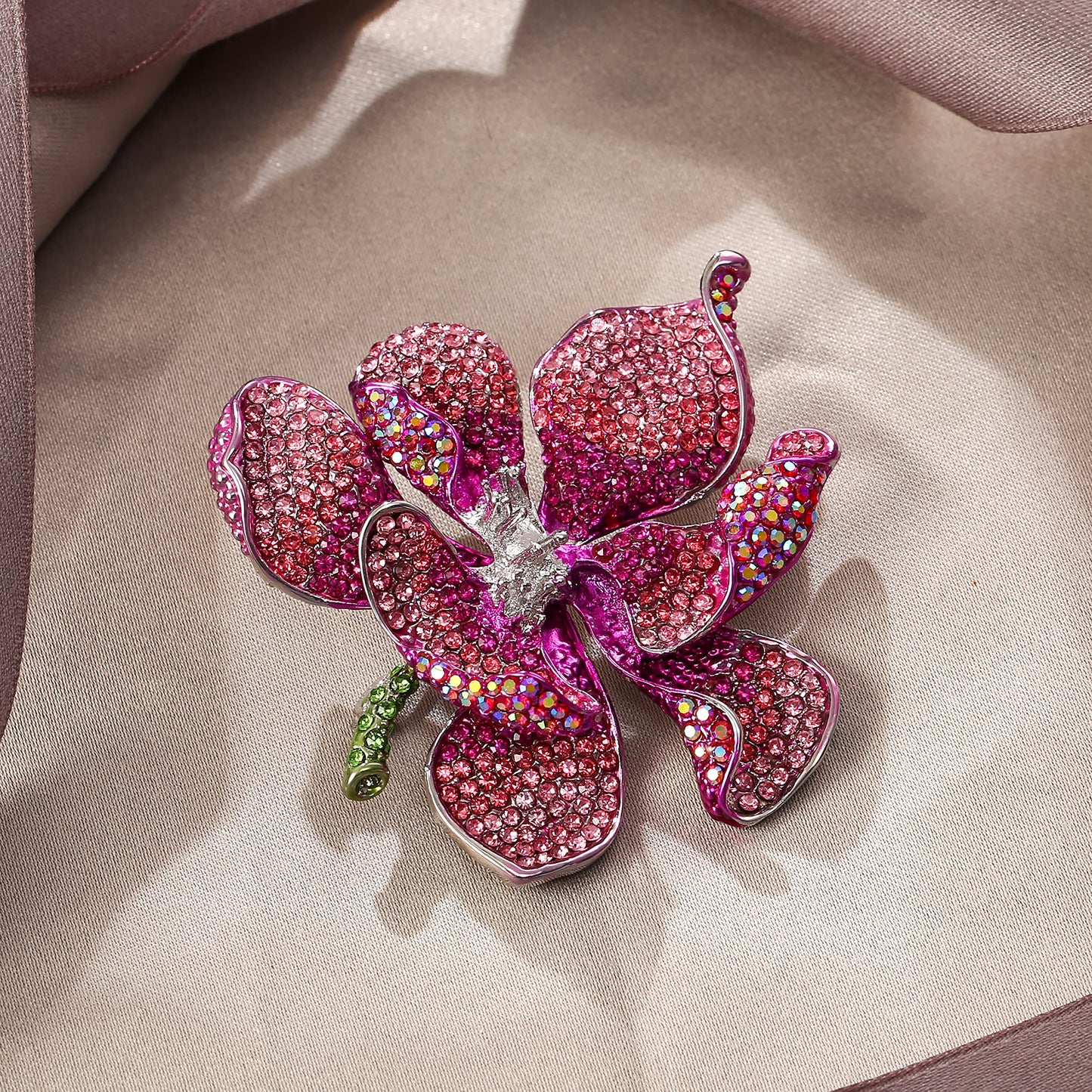 EVER FAITH Women's Austrian Crystal Orchid Flower Petal Brooch Pink Silver-Tone