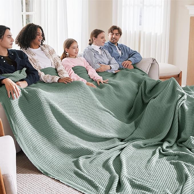 Bedsure 100% Cotton Large Blanket Oversized King for Bed - Breathable Waffle Weave Blanket for Summer Spring, Couch Cover, Sage Green, 120x94 inches