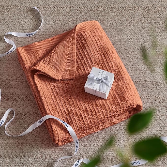 Bedsure 100% Cotton Blanket King Size for Bed - Breathable and Soft, Waffle Weave Blanket for Summer Spring, Red Orange, 104x90 inches