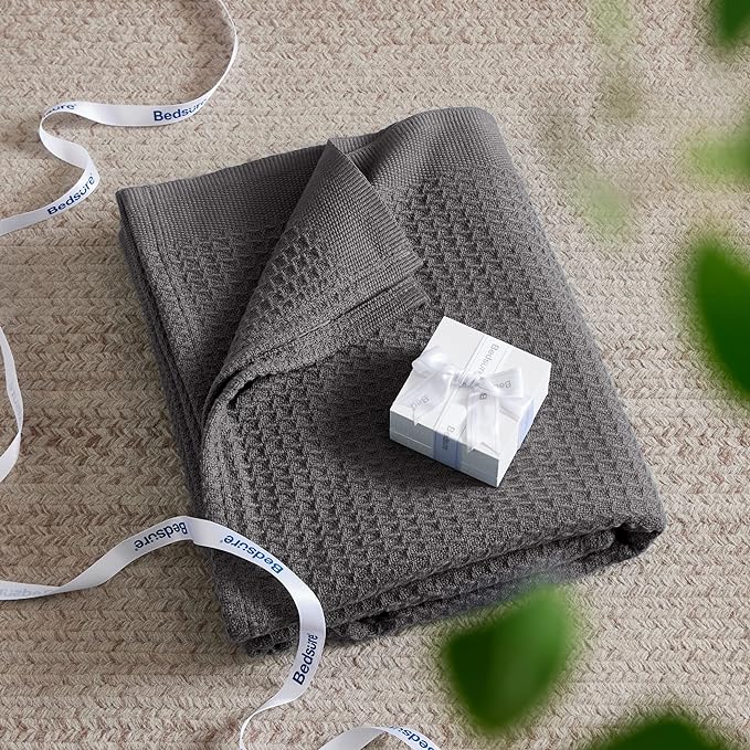 Bedsure 100% Cotton Blanket Queen Size for Bed - Breathable and Soft, Waffle Weave Blanket for Summer Spring, Dark Grey, 90x90 Inches