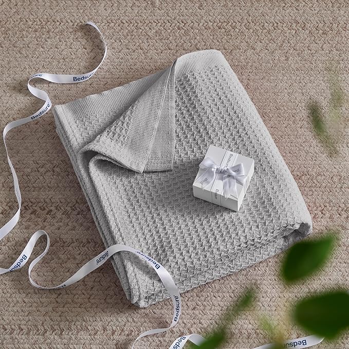 Bedsure 100% Cotton Blanket Queen Size for Bed - Breathable and Soft, Waffle Weave Blanket for Summer Spring, Grey, 90x90 Inches
